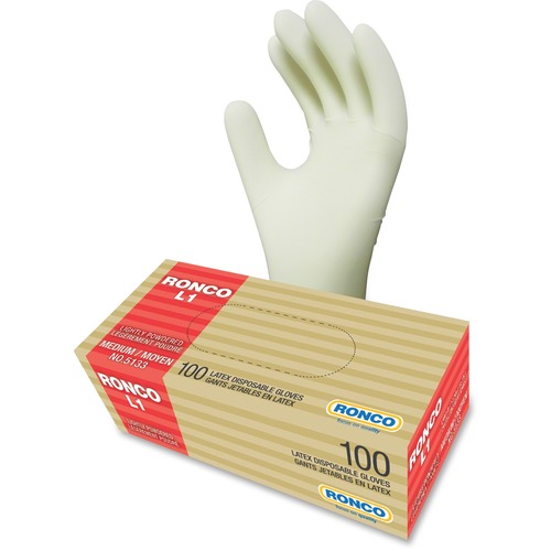 RONCO Lightly Powdered Latex Gloves - Medium Size - Natural Rubber - Disposable, Flexible, Ambidextrous, 100 pcs